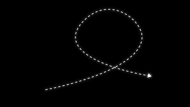 4k Long dotted line arrow animation to indicate an object. arrow animation following wavy dotted line. target arrow icon on black background.