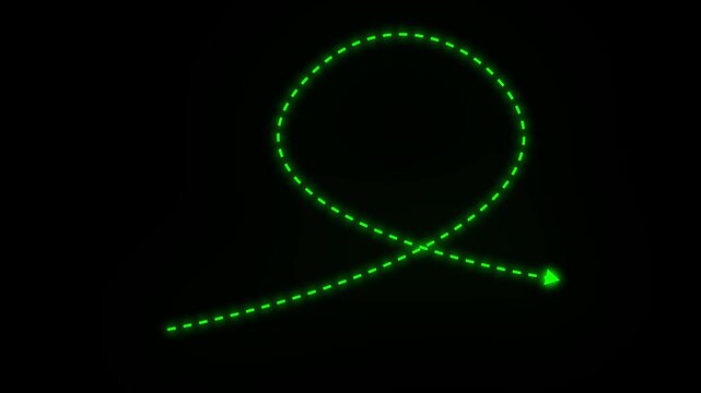 4k Long dotted line arrow animation to indicate an object. arrow animation following wavy dotted line. target arrow icon on black background.