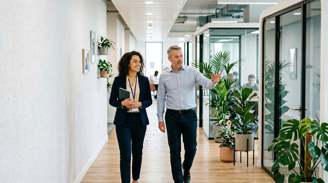 Manager guiding new hire through modern office corridor during onboarding tour leadership mentoring workplace culture and career development