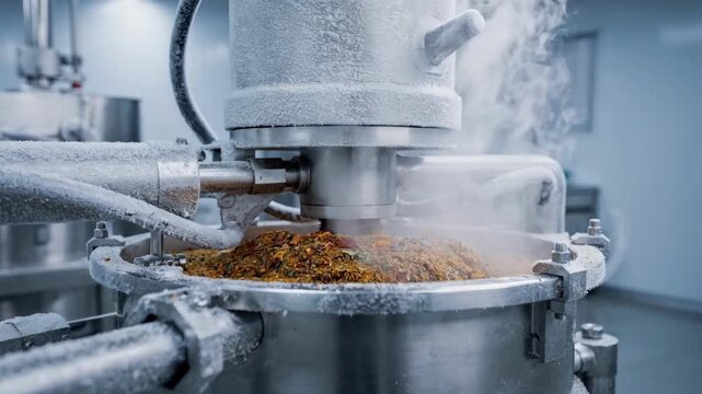 Medium shot showcasing fine grinding of spices using an ultralow temperature cryogenic mill highlighting frostcovered equipment and vapor from the nitrogenbased system.