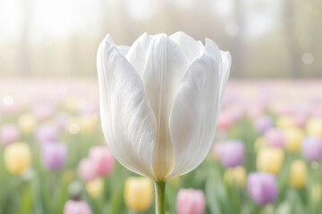 Single White Tulip on Soft Background &ndash; Minimalist Realistic Floral Photography