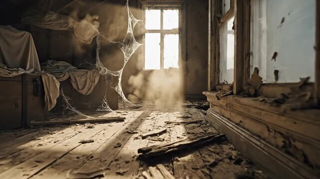 Solitary attic window emits dusty light through cobwebbed room in decay