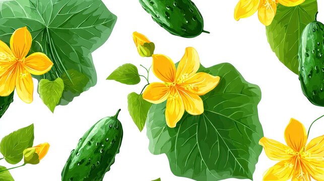 Seamless pattern featuring vibrant yellow blossoms, rich green leaves, and ripe green vegetables on a white background