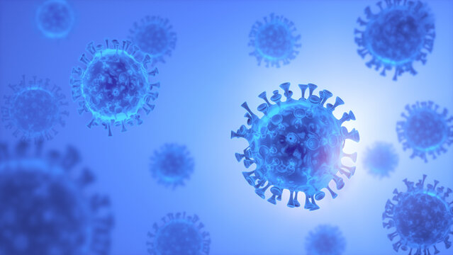 3D rendering of floating blue virus  particles under microscope view