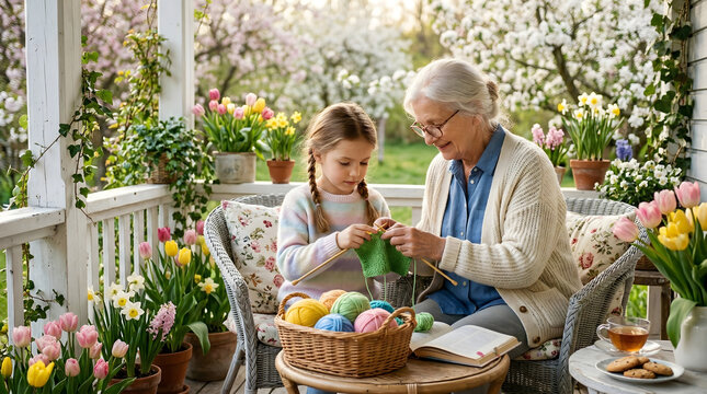 Happy grandmother and granddaughter knitting together on a sunny wooden porch surrounded by a blooming spring garden. Family heritage and cozy hobby concept.