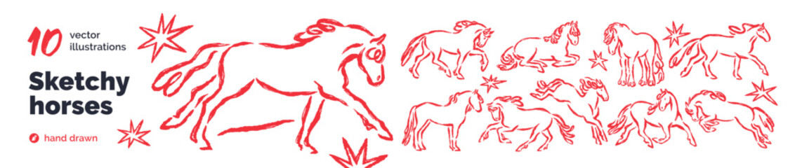 Naklejka premium Horses set, outline doodle sketches. Hand-drawn equine animals. Handdrawn line foals. Charcoal and chalk contour, whimsical fairytale style. Sketchy vector illustration isolated on white background