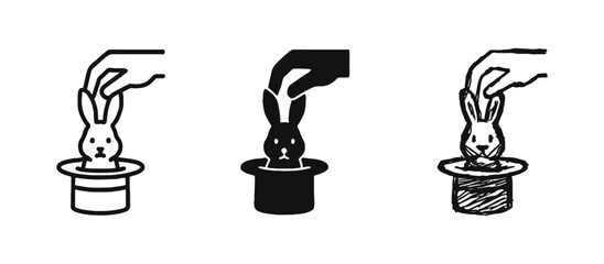 Hand pulling a rabbit out of a magic hat, representing magic and illusion. © ICONS FOR YOU