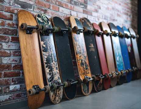 A diverse row of weathered skateboards leans against a rustic brick wall. This gritty, nostalgic image captures the essence of street culture, youthful spirit, and active urban lifestyle themes.