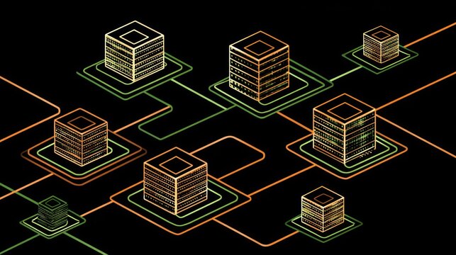 Illuminated digital processing units connect across a dark, abstract infrastructure