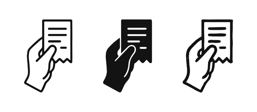 Hand holding paper receipt icon set. Invoice, bill, payment proof, or transaction record.