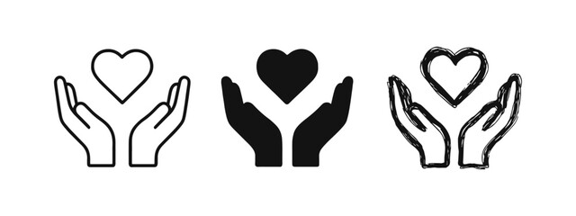 Obraz premium Hands holding heart icon set. Love, care, health, and charity vector symbol in different styles.