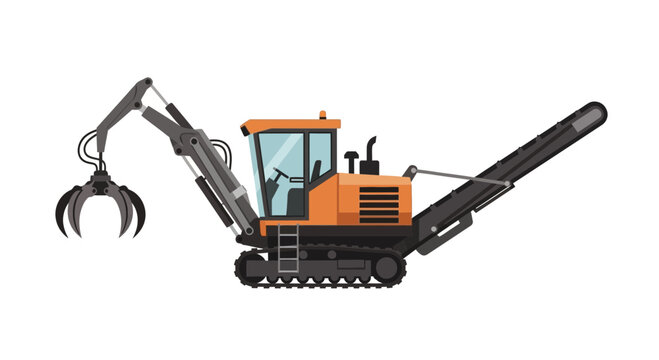 Orange logging grapple machine on white background