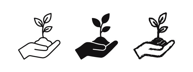 Hand holding growing plant icon set. Symbol of new life, nature protection, and environmental care in various styles. © ICONS FOR YOU