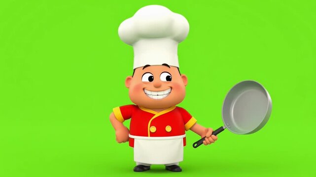 Delightful 3D cartoon chef character smiling, confidently holding a frying pan, ready for culinary adventures and cooking inspiration