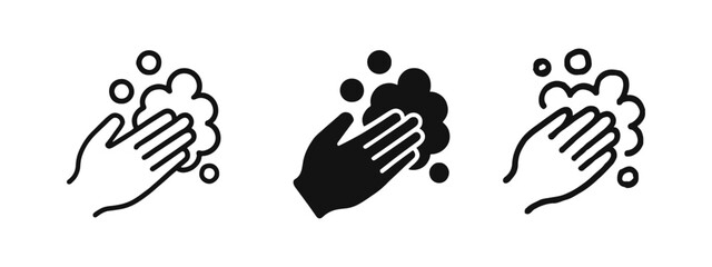Obraz premium Hands washing with soap icon set. Symbol for hygiene, cleanliness, germ prevention, and health protection.