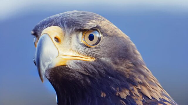 Golden eagle with striking features turns its head, showcasing its sharp beak and intense gaze against a blurred blue background in a natural setting