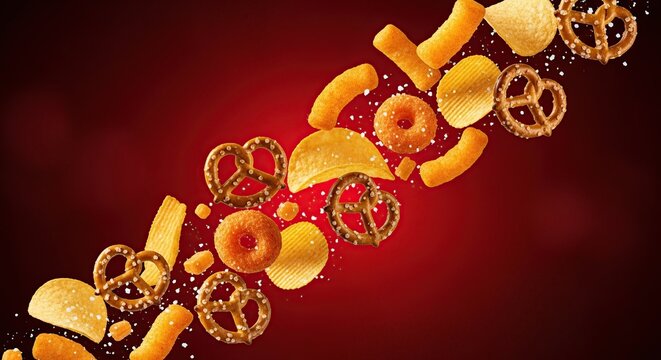 Assorted salty snacks including pretzels, chips and crunchy corn puffs flying on a vibrant red background with crumbs, creating a dynamic party snack concept.