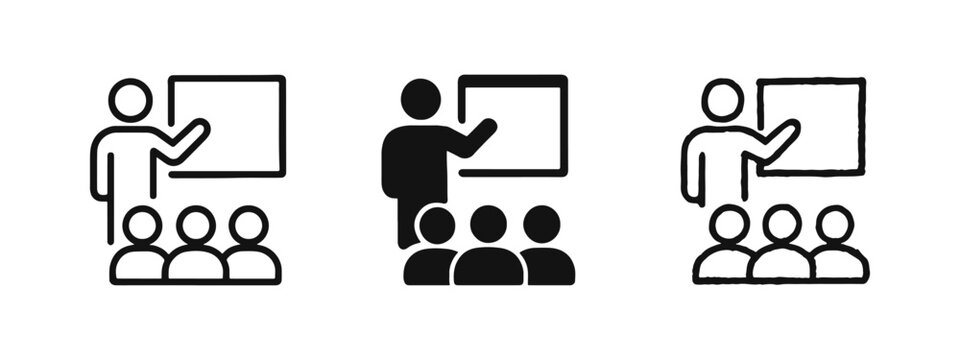 Teacher or presenter with students icon set. Education, classroom, learning, and seminar symbol in outline, solid, and doodle style.
