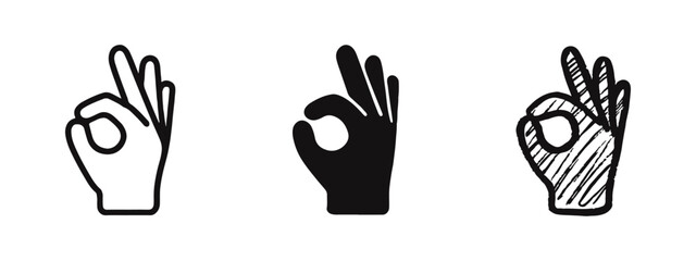 Hand showing OK sign icon set. Approval, excellent, and perfect gesture symbol in outline, solid, and doodle styles. © ICONS FOR YOU