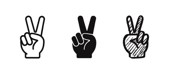 Obraz premium Hand showing peace or victory sign icon set. V-sign gesture and success symbol in outline, solid, and doodle styles.