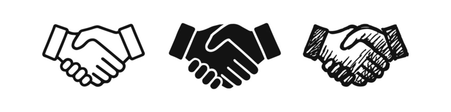 Handshake icon set in outline, solid, and doodle styles, symbolizing agreement or partnership