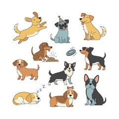 Diverse cartoon dog breeds portraying various activities like playing with a frisbee, resting, and digging, in a fun illustration set