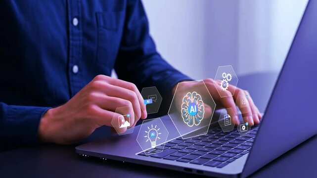 Businessman interacting with AGI and artificial intelligence interface, showing AI automation, smart tools, digital workflow, innovation ecosystem, future technology, advanced business intelligence