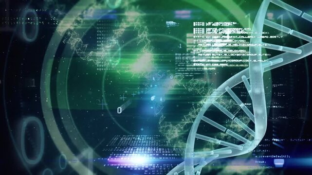 Animation of diverse data, binary code and globe over dna chain on black background