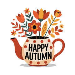 Teapot overflowing with orange and red autumn flowers expresses a warm seasonal greeting.