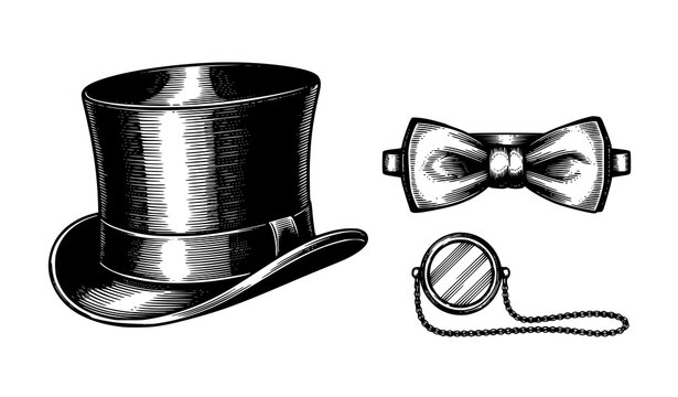 Vintage gentleman silk top hat bow tie monocle classic illustration