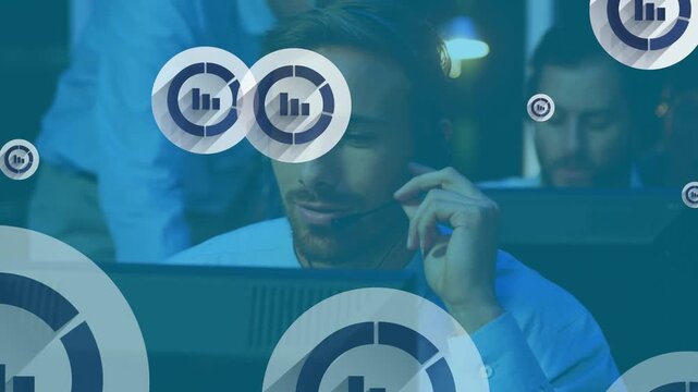 Animation of online icons over diverse business people wearing phone headsets