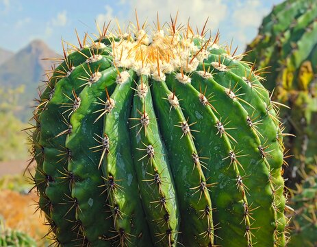 A large, green, spiny cactus in a desert landscape