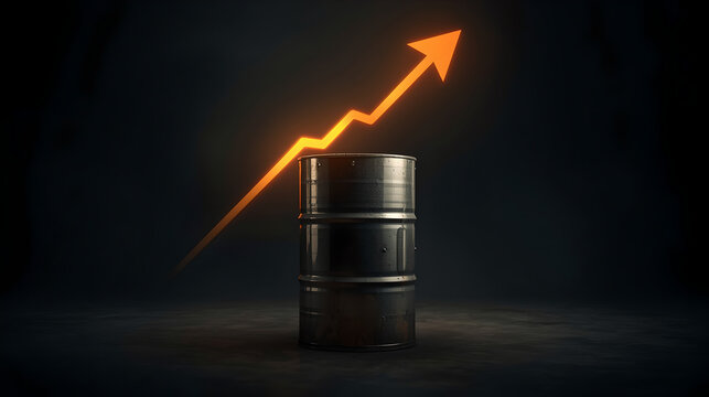 Rising oil prices and energy inflation concept with crude oil barrel and glowing upward arrow graph