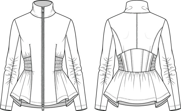 Technical drawing of a women's peplum zip-up jacket vector featuring front and back views with smocked waist and ruched sleeve details.