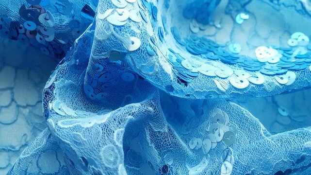 Close-up of draped light blue fabric with sequins, showcasing delicate texture and intricate detailing