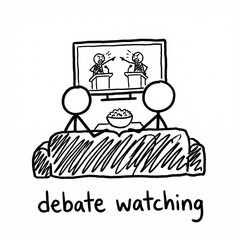 Political Debate Watching Stick Figure Cartoon. Hand-Drawn Doodle of Two Viewers on Couch with Popcorn Watching TV Argument. Sketch