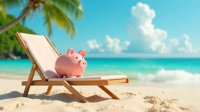 Pink piggy bank lounging on beach chair overlooking turquoise ocean, playful savings concept, financial freedom meets vacation dreams