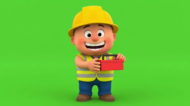 A happy construction worker in a yellow hard hat and safety vest holds a red toolbox, ready for work on a green background, cartoon style