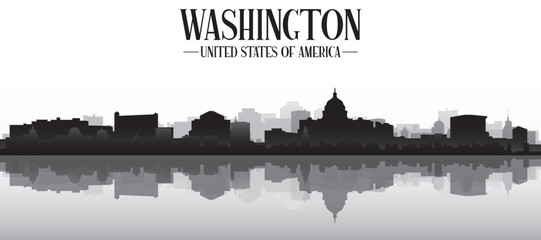 Naklejka premium Black and white panoramic poster of the city skyline with misty background buildings and water reflection of WASHINGTON, UNITED STATES