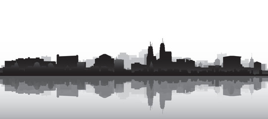Obraz premium Black and white panoramic poster of the city skyline with misty background buildings and water reflection of KANSAS CITY, UNITED STATES