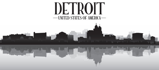 Naklejka premium Black and white panoramic poster of the city skyline with misty background buildings and water reflection of DETROIT, UNITED STATES