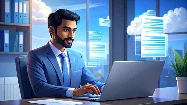 Man in a blue suit at a desk working on a laptop with cloud background