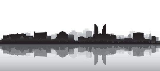 Naklejka premium Black and white panoramic poster of the city skyline with misty background buildings and water reflection of EDMONTON, CANADA