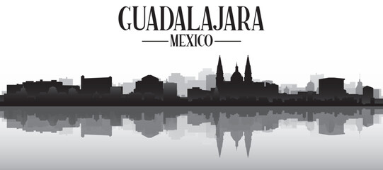 Black and white panoramic poster of the city skyline with misty background buildings and water reflection of GUADALAJARA, MEXICO © Djerdj