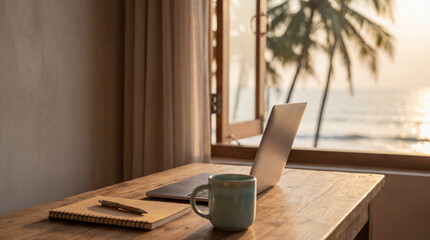 Naklejka premium Laptop on a wooden desk with a tropical beach view. Remote work and digital nomad lifestyle concept