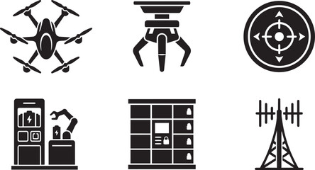 Fototapeta premium Drone Delivery Logistics, Automated Parcel Transport and Aerial Unmanned Vehicle Infrastructure Aerodynamic Stencil Icon Set Vector Illustration