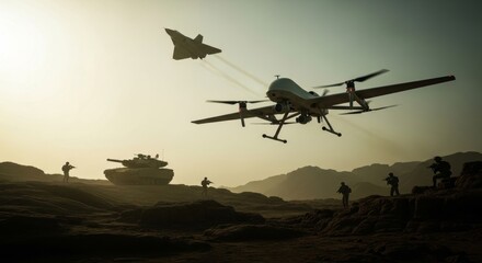 Fototapeta premium Military, drone and surveillance in a desert combat scenario with soldiers engaging enemy forces while unmanned aerial vehicle provides reconnaissance support. Security, defense and warfare with