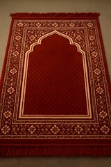 Obraz premium An ornate golden arch with intricate floral and vine patterns set against a rich, dark red background, Elegant Islamic prayer rug with intricate gold and white floral patterns. 
