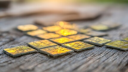 Naklejka premium Miniature solar panels arranged in a mosaic on a wooden railing, glowing with sunlight, symbolizing renewable energy accessibility.