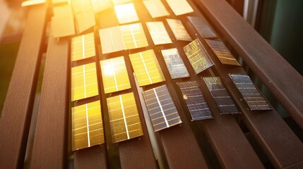 Fototapeta premium Miniature solar panels arranged in a mosaic on a wooden railing, glowing with sunlight, symbolizing renewable energy accessibility.
